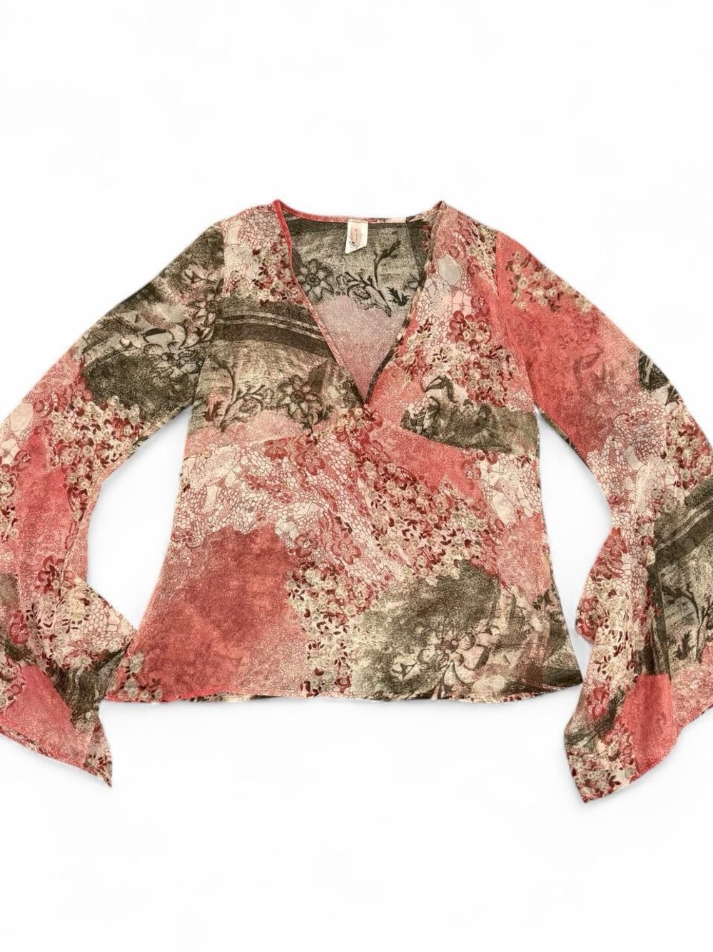 Vintage Pink & Olive Patchwork-Print Long Sleeve V-Neck Top